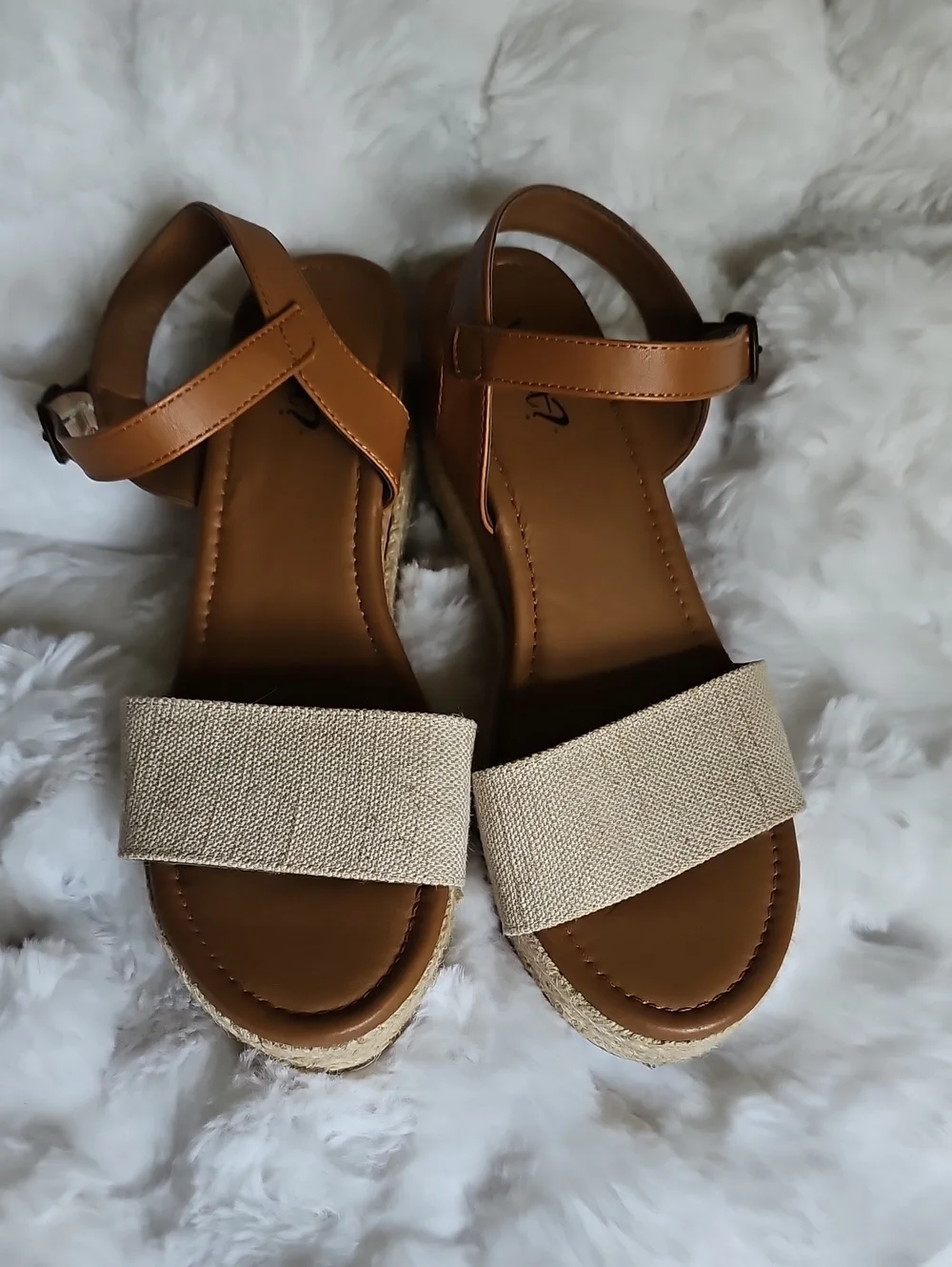Women’s Tan Espadrille Wedge Sandals with Beige Fabric Toe Strap